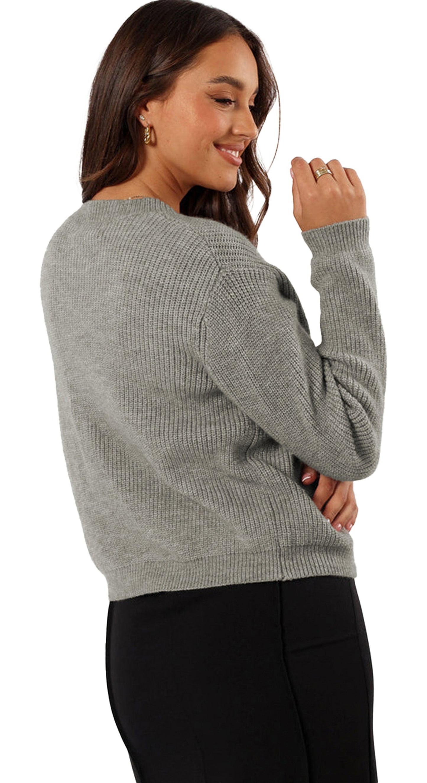 Gray Ribbed Knit Cardigan For Women