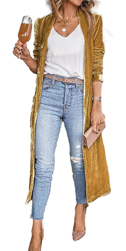 Yellow Velvet Duster Coat For Trendy Looks