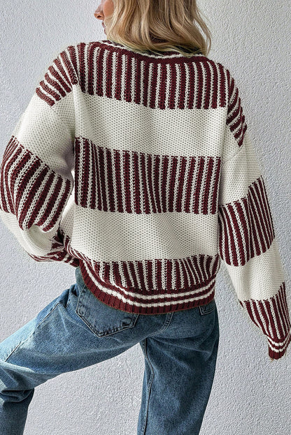 Brown Striped Patchwork Sweater For Trendy Look
