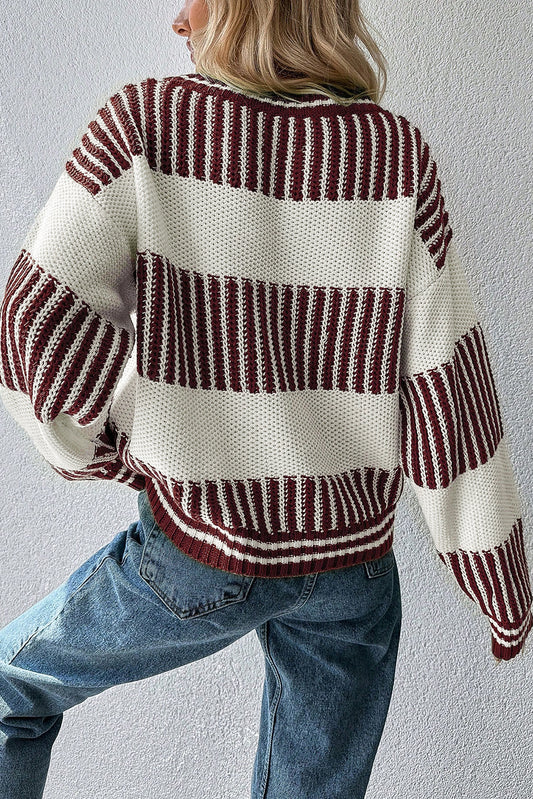 Brown Striped Patchwork Sweater For Trendy Look