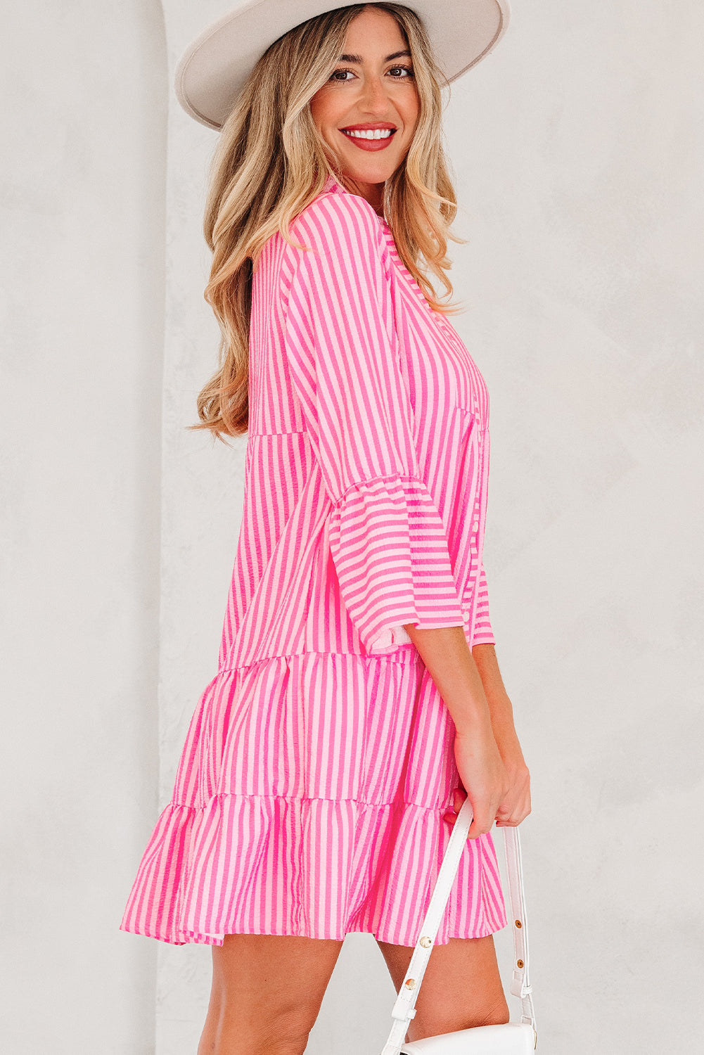 Pink Stripe Flare Sleeve Mini Dress Ruffle