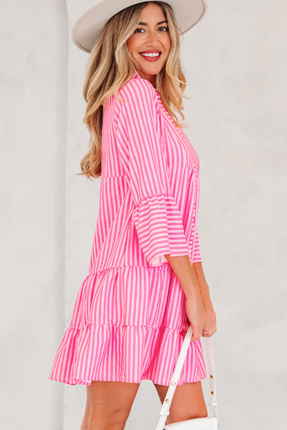 Pink Stripe Flare Sleeve Mini Dress Ruffle