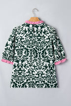 Green Damask Print Ruffled Color Block Detail Half Sleeve Blouse