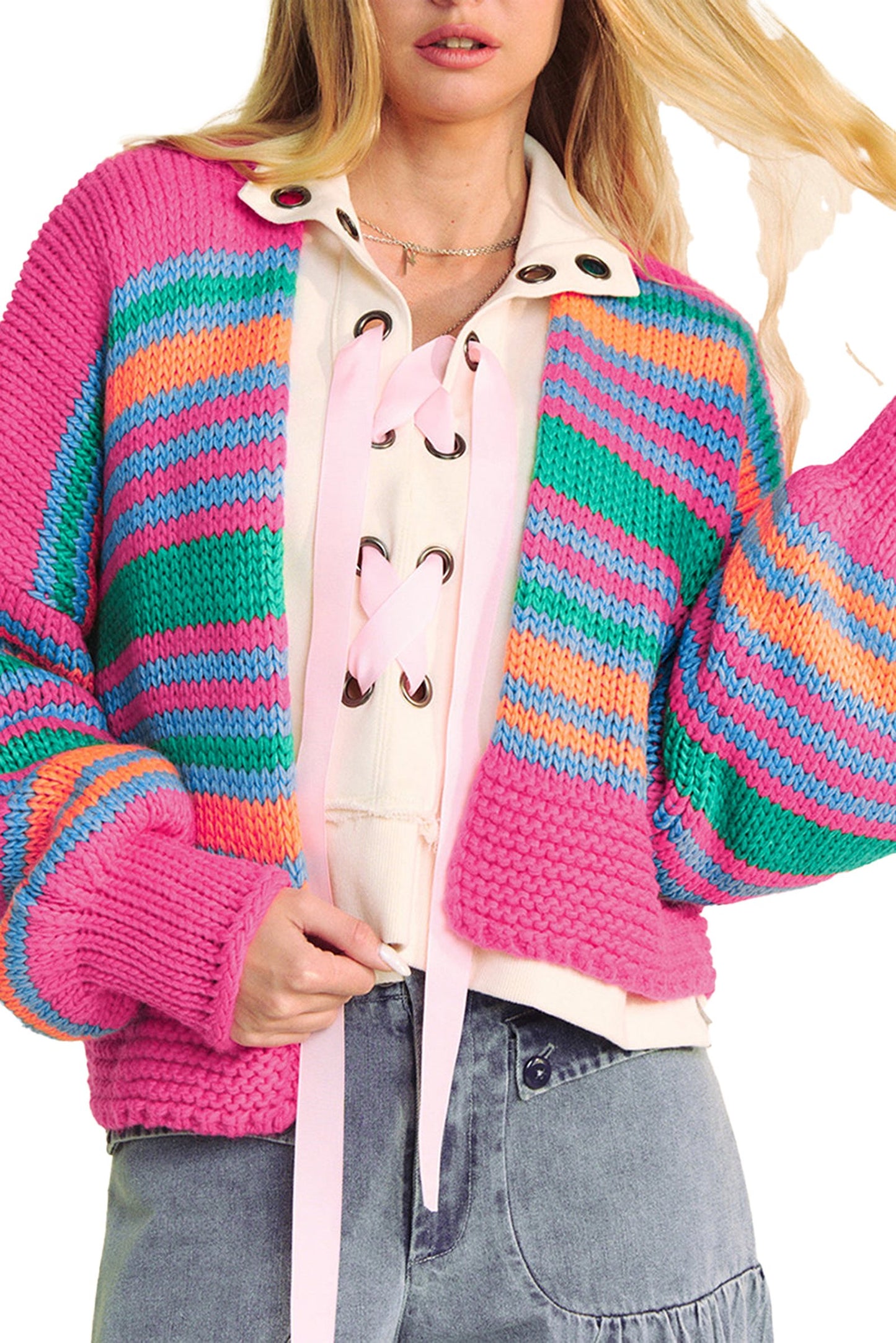 Colorful Puff Sleeve Cardigan
