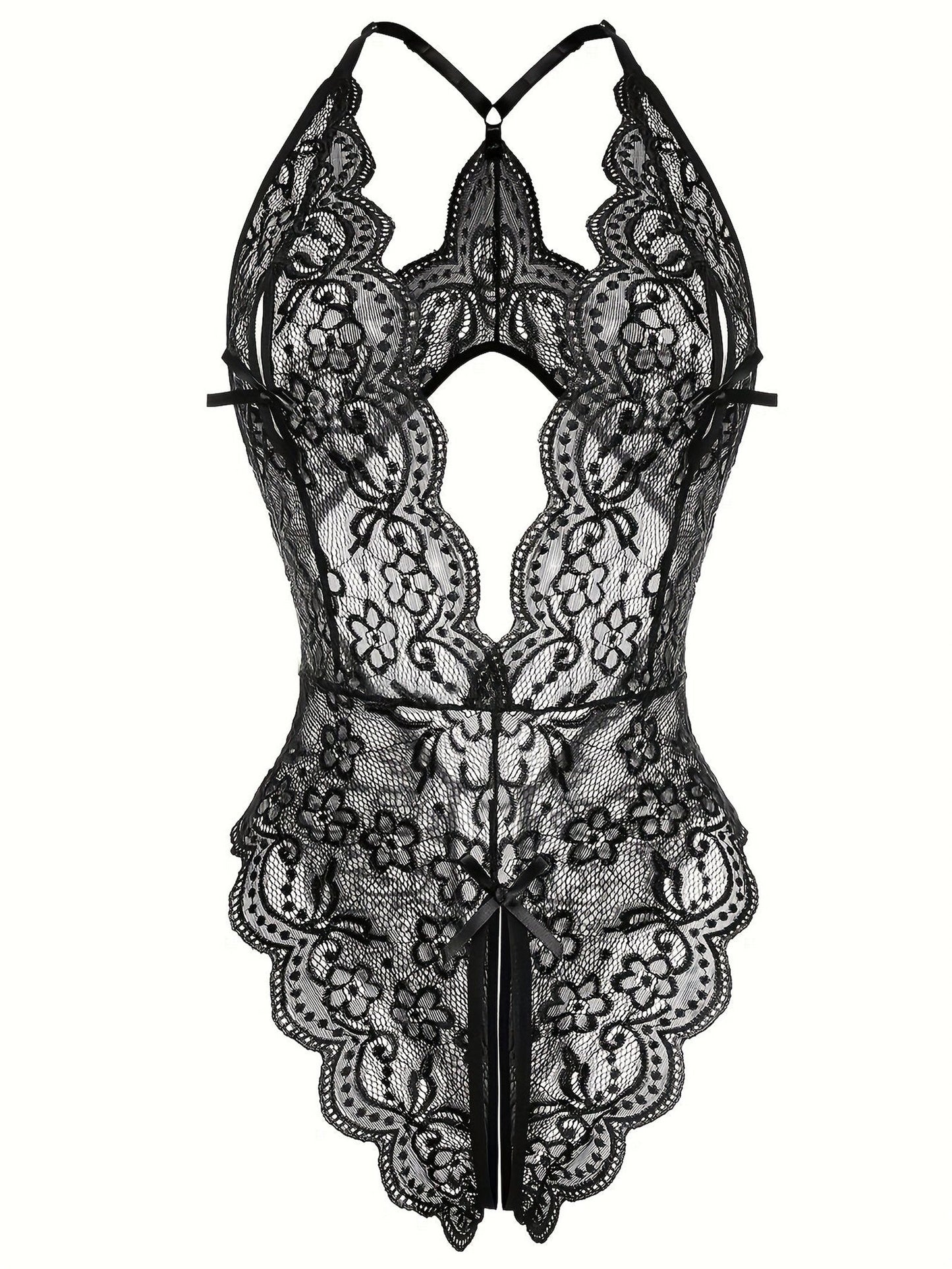 Sultry Floral Lace Bodysuit - Backless, Semi-Sheer, Open Crotch