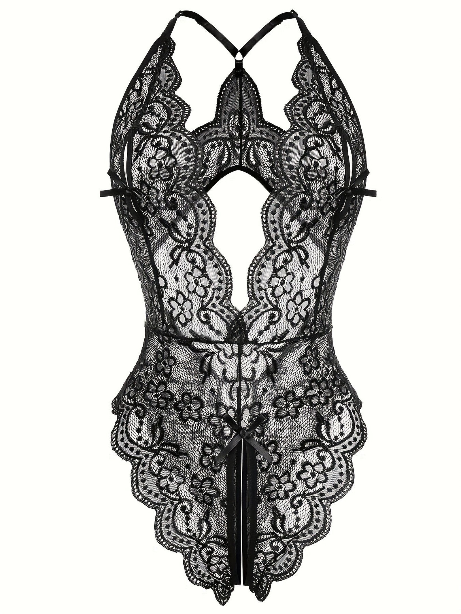 Sultry Floral Lace Bodysuit - Backless, Semi-Sheer, Open Crotch