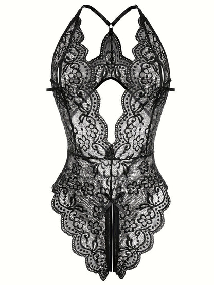 Sultry Floral Lace Bodysuit - Backless, Semi-Sheer, Open Crotch