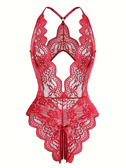 Sultry Floral Lace Bodysuit - Backless, Semi-Sheer, Open Crotch