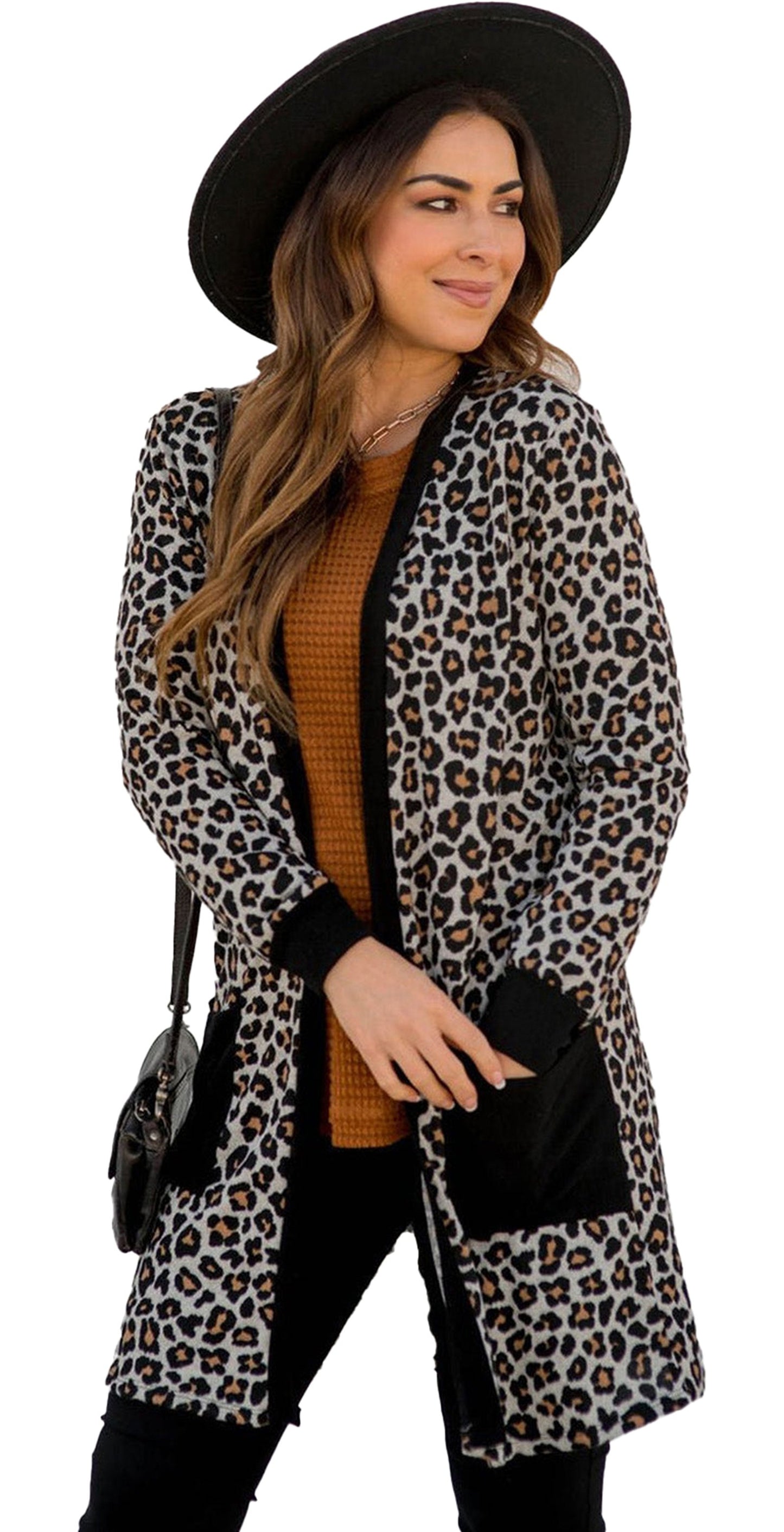 Black Leopard Open Front Cardigan