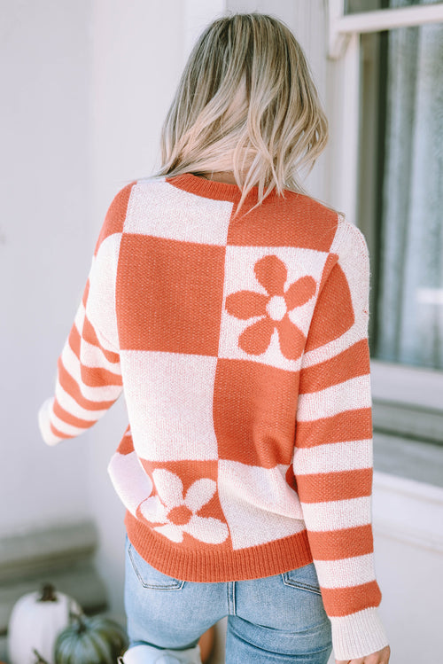 Brown Checkered Floral Sweater