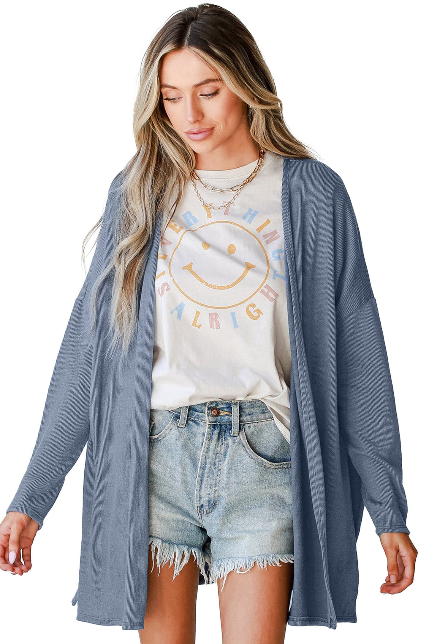 Blue Rib Knit Open Front Cardigan