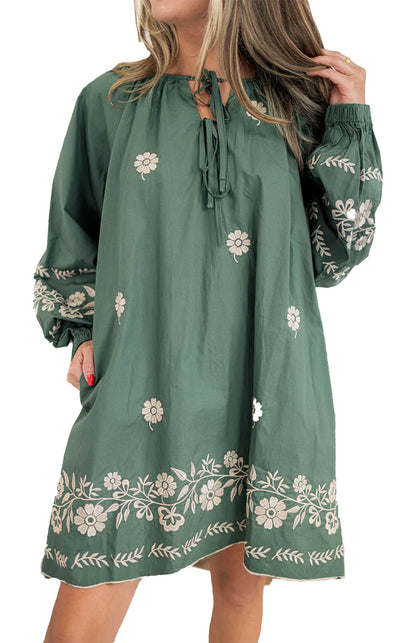 mist green boho floral dress short embroidered mini dress with tie neckline and long puff sleeves