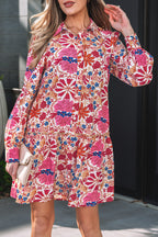 Red Fall Flower Print Long Sleeve Mini Dress