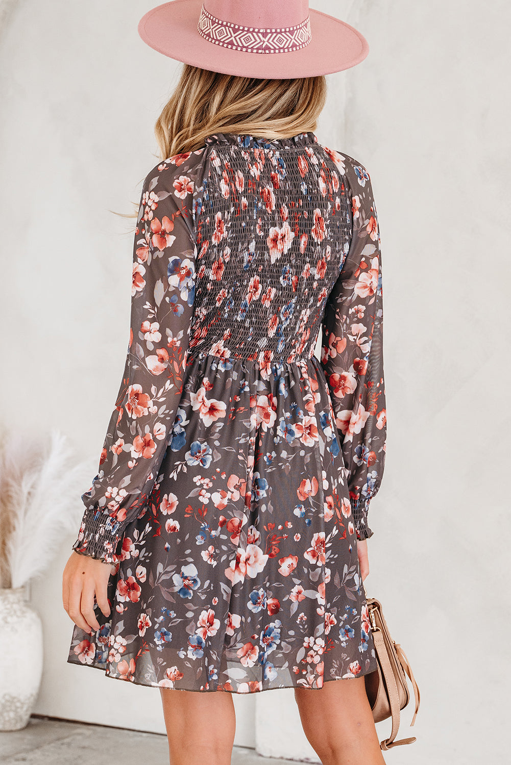 Brown Floral Mesh Mini Dress Smocked V-Neck