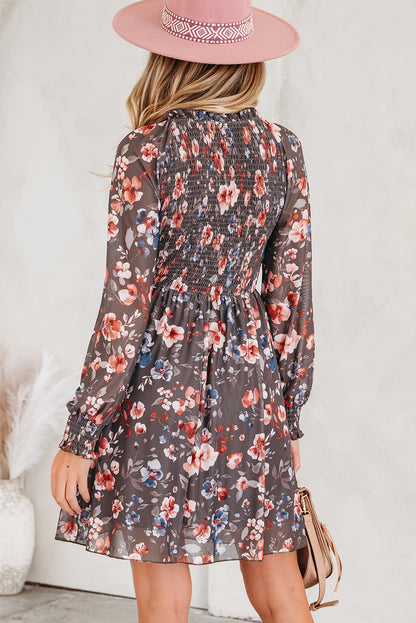 Brown Floral Mesh Mini Dress Smocked V-Neck