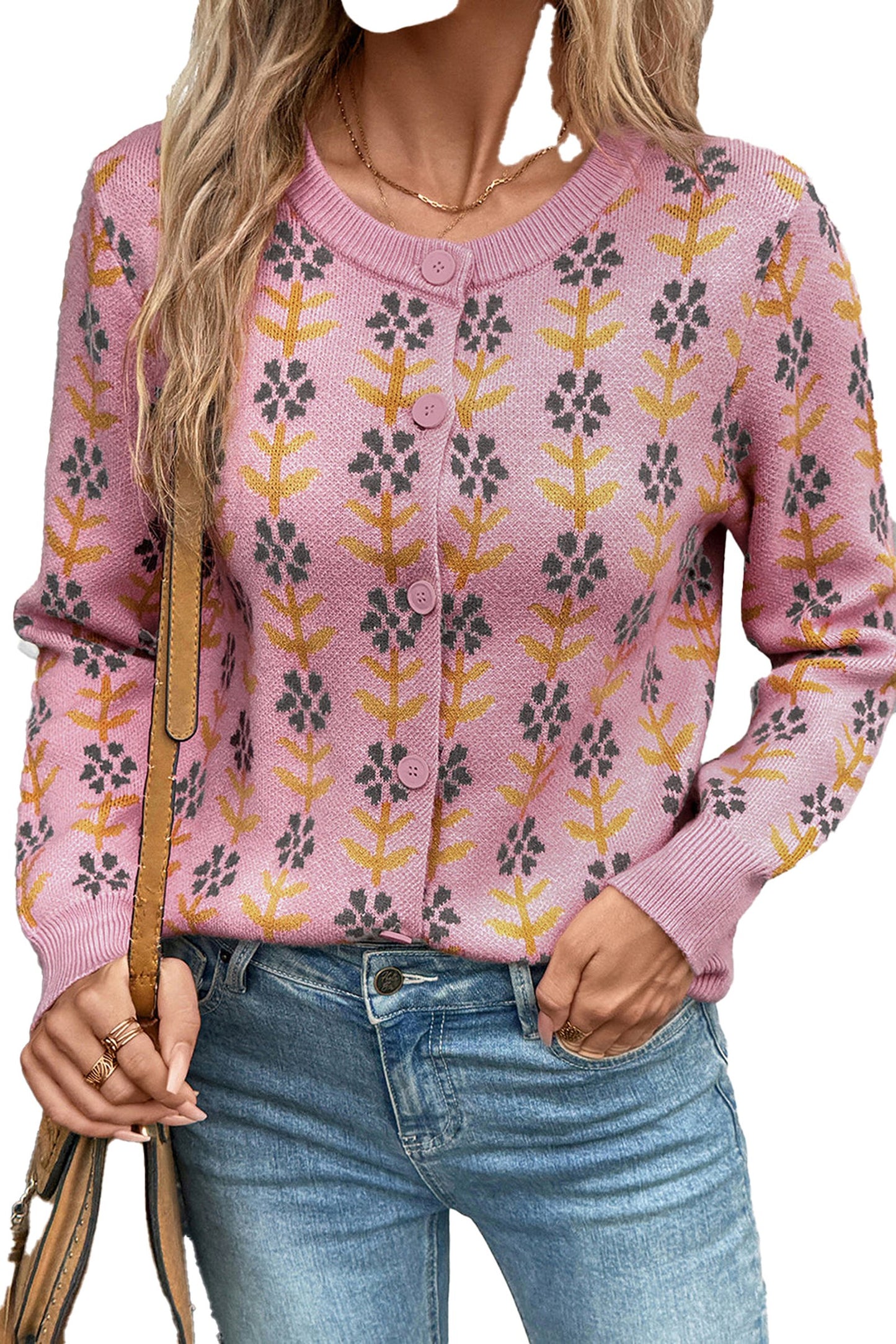 Pink Floral Cardigan Sweater For Women