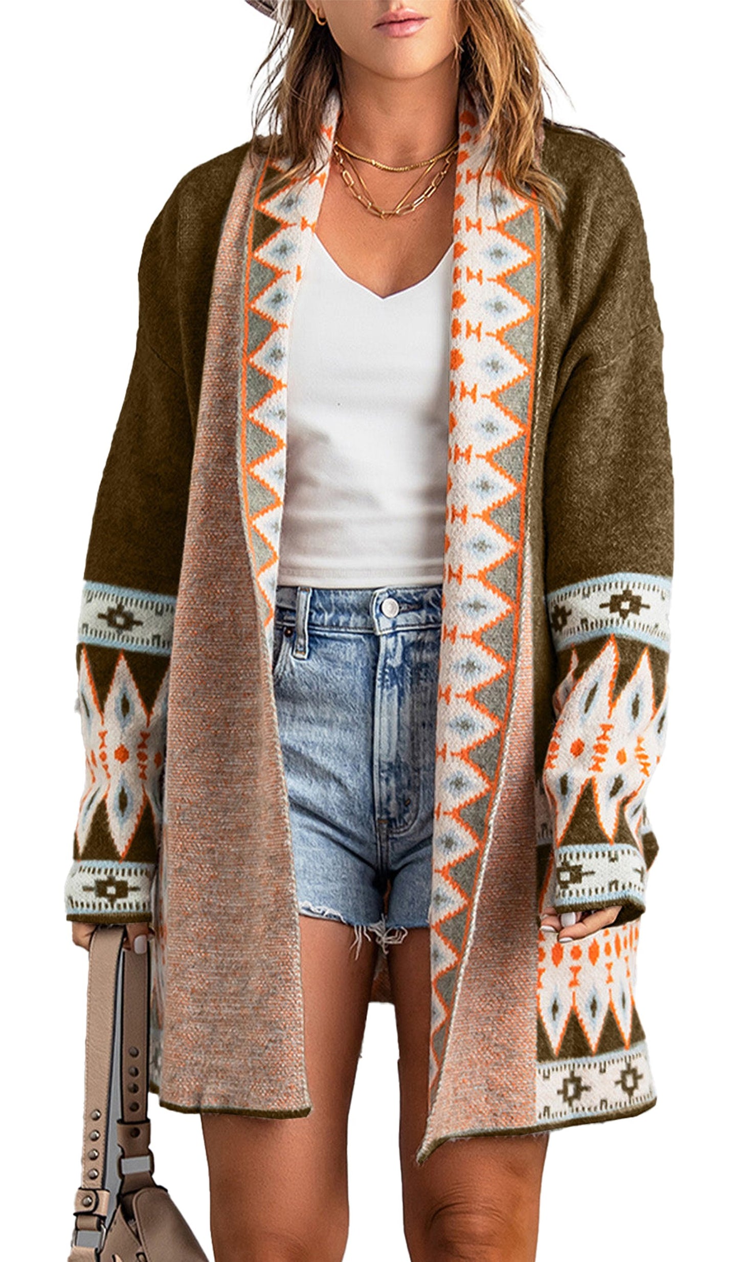 Brown Aztec Print Cardigan For Trendy Styles