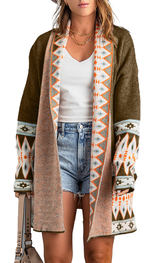 Brown Aztec Print Cardigan For Trendy Styles