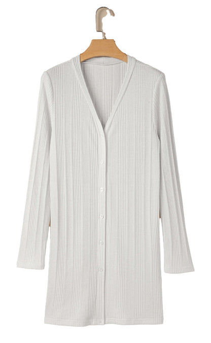 White Ribbed Button Up Tunic Cardigan