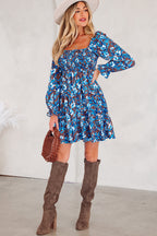 Blue Floral Smocked Dress Puff Sleeve Mini