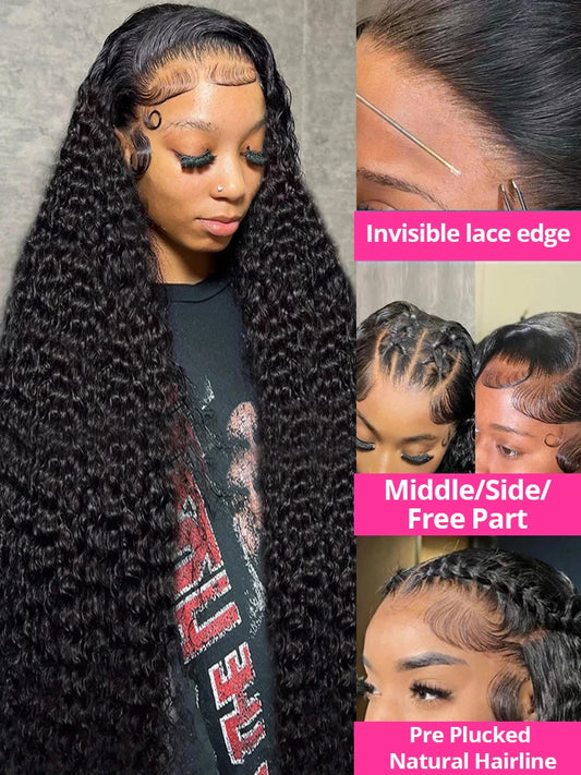 300 density deep wave human hair wig with invisible lace edge and pre plucked natural hairline