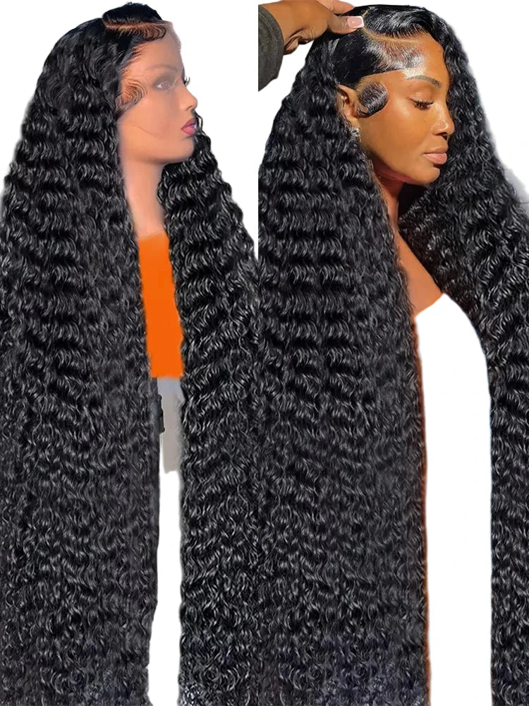 300 density deep wave human hair wig featuring long, luxurious curls for a natural look.