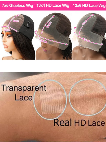 300 density deep wave human hair wig shown with various cap sizes and lace types