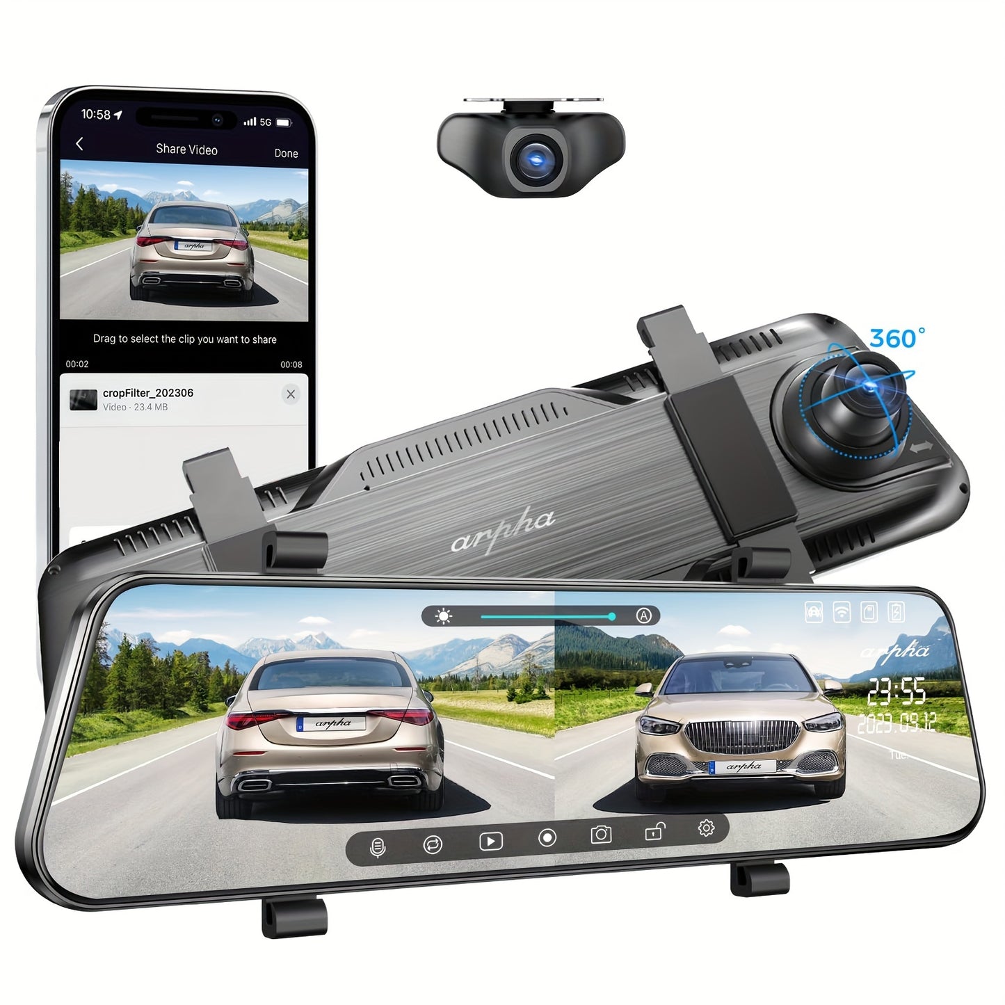 10 Inch Dash Cam Mirror With Rear Camera