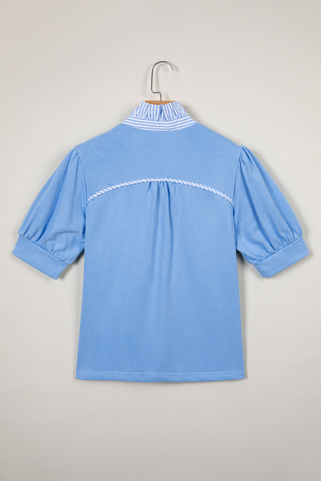 Sky Blue Striped Frilled Collar Short Sleeve Blouse