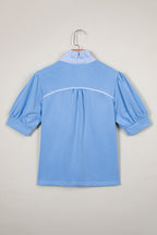 Sky Blue Striped Frilled Collar Short Sleeve Blouse