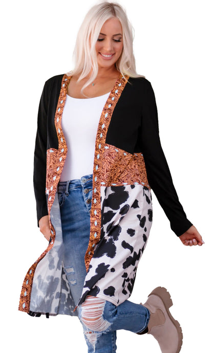 Black Western Cow Print Cardigan