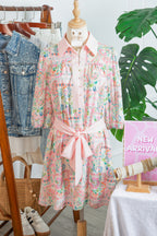 Pink Boho Floral Print Color Block Trim Half Button Belted Mini Dress