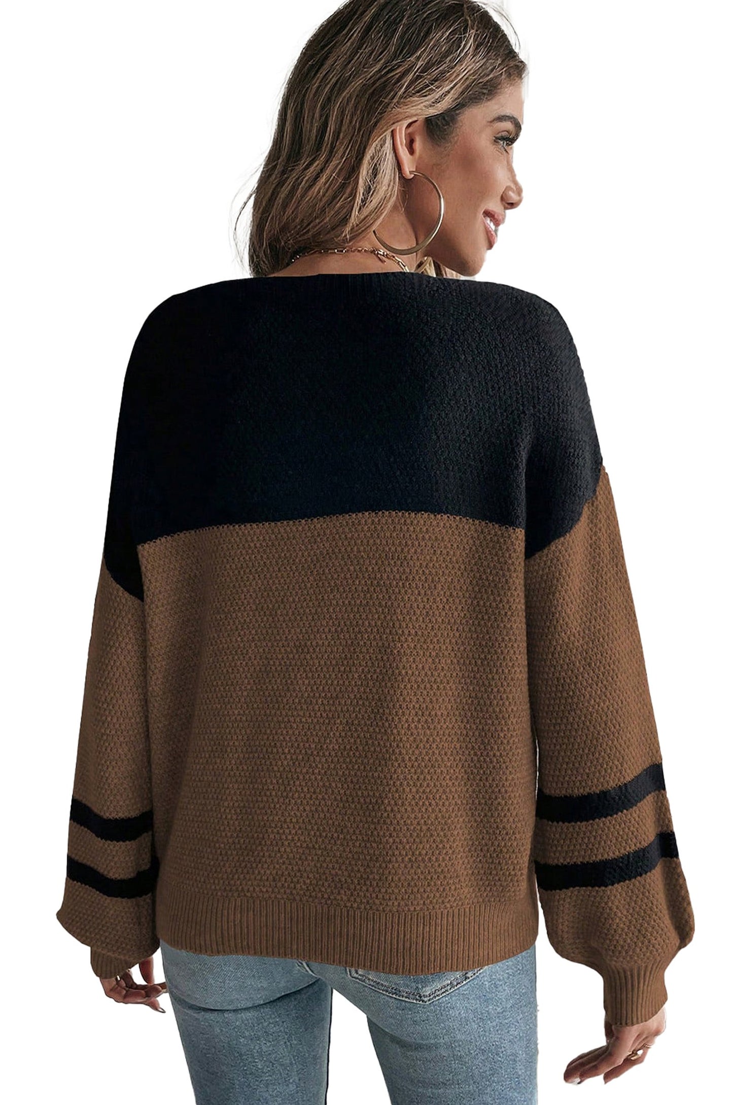 Dark Brown Color Block Sweater For Women