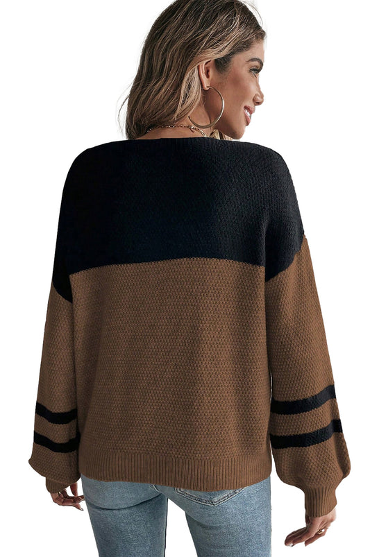 Dark Brown Color Block Sweater For Women