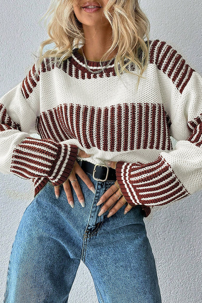 Brown Striped Patchwork Sweater For Trendy Look