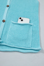 Pink Solid Color Knit V Neck Button Front Sweater Vest