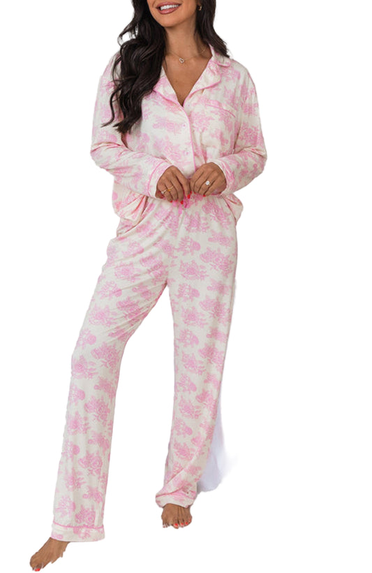 Pink Floral Pajamas Set For Women