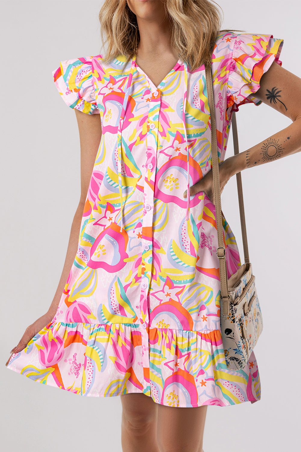 H-Line Abstract Floral Dress, Ruffle Mini