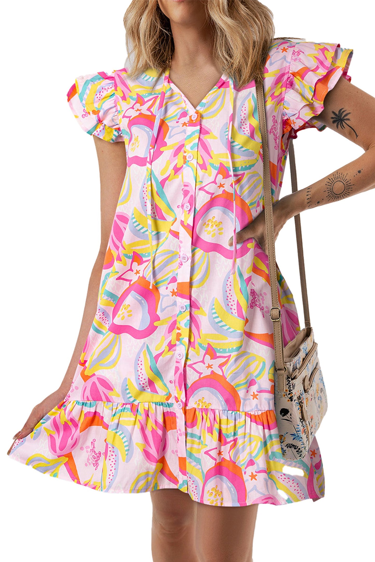 LuckeLadybug H Line pink abstract floral dress with ruffle sleeves button front and flared ruffled hem