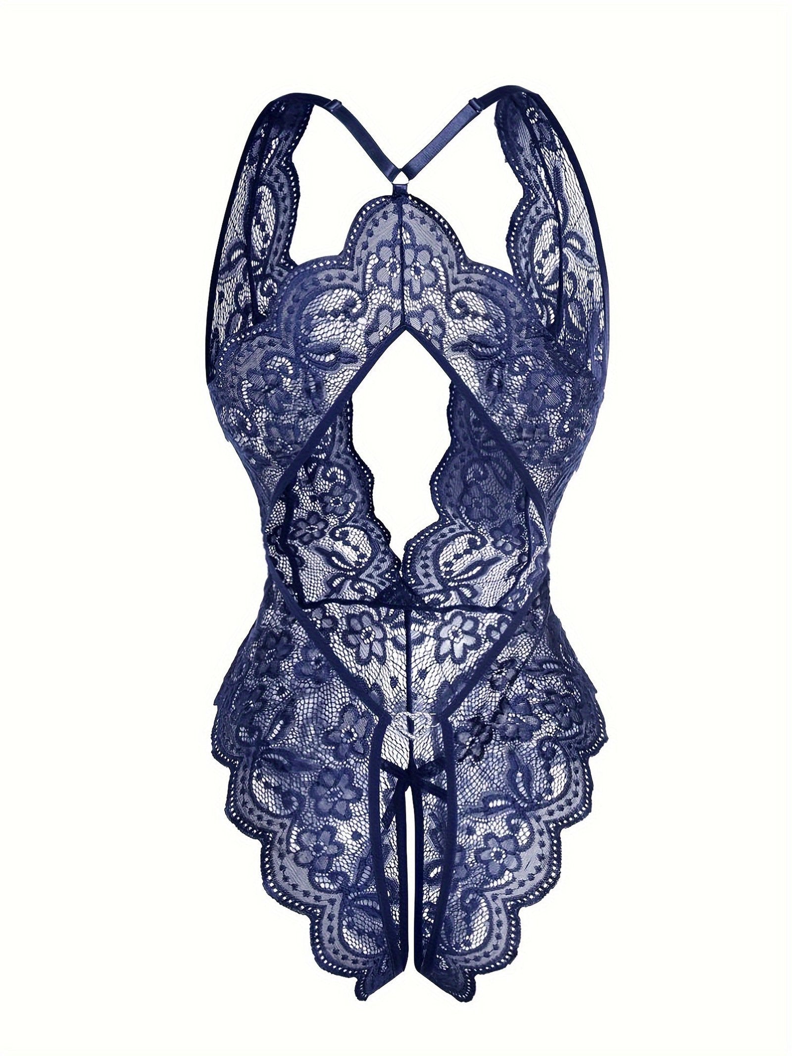 Sultry Floral Lace Bodysuit - Backless, Semi-Sheer, Open Crotch