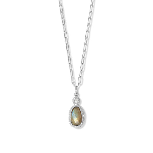 16" + 2" Rhodium Plated CZ and Oval Labradorite Necklace