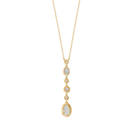 16" + 2" 14 Karat Gold Plated CZ and Rainbow Moonstone Drop Necklace