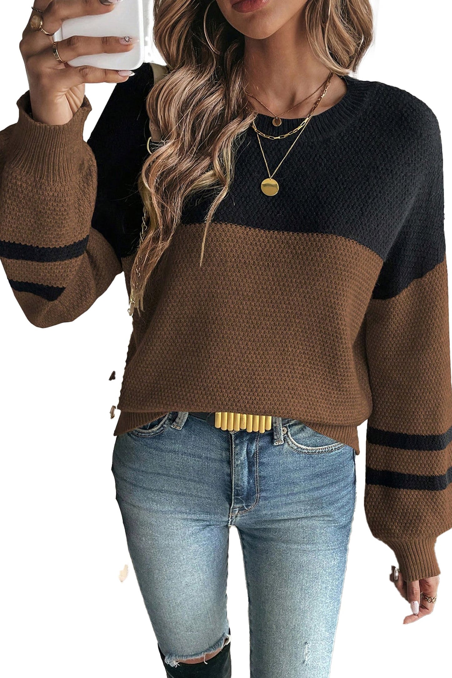 Dark Brown Color Block Sweater For Women
