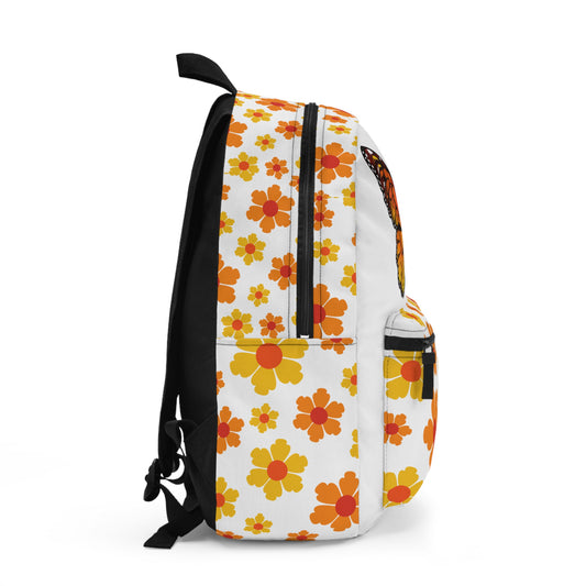 Custom butterfly backpack with vibrant flower pattern and spacious side pocket for essentials