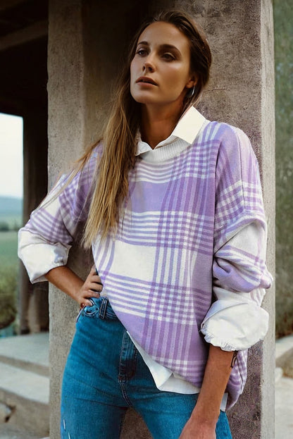 Lilac Plaid Sweater For Trendy Fashion