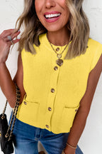 White Solid Color Sleeveless Knit Button Pocketed Sweater