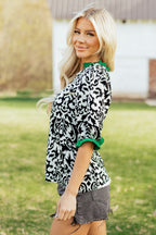 Green Damask Print Ruffled Color Block Detail Half Sleeve Blouse