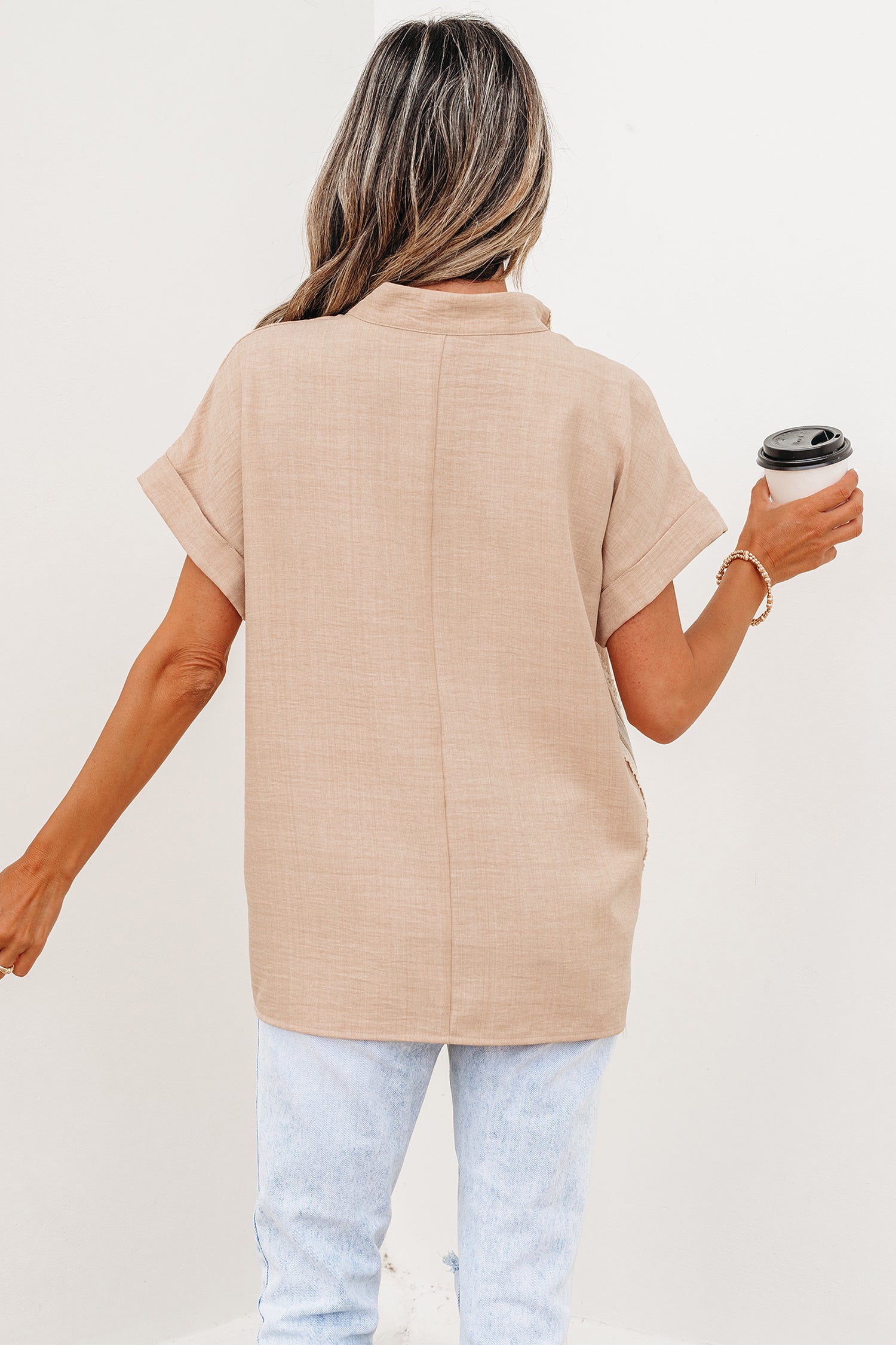 Parchment Crochet Lace Accent Pullover Rolled Short Sleeve Blouse
