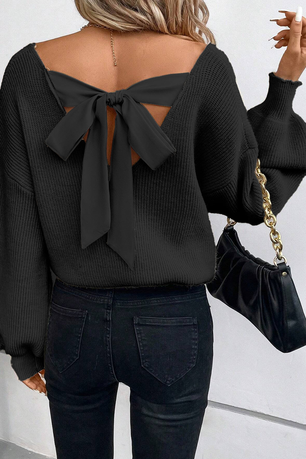 Red Lantern Sleeve Sweater With Bow Detail