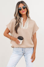 Parchment Crochet Lace Accent Pullover Rolled Short Sleeve Blouse